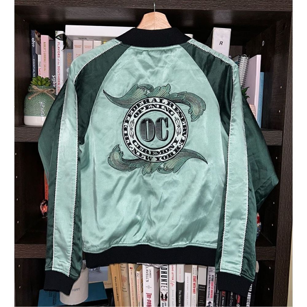 Opening Ceremony Cash Reversible Embroidered Silk Bomber Jacket Green / Gray XS